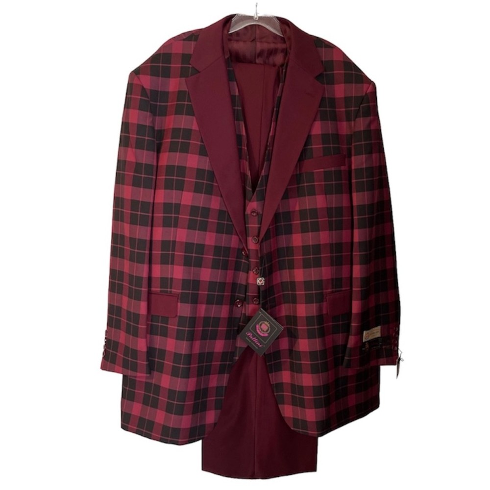 NWT Mens 3 pc Pallini Super 150’s Burgundy Suit Sz 52R/47W